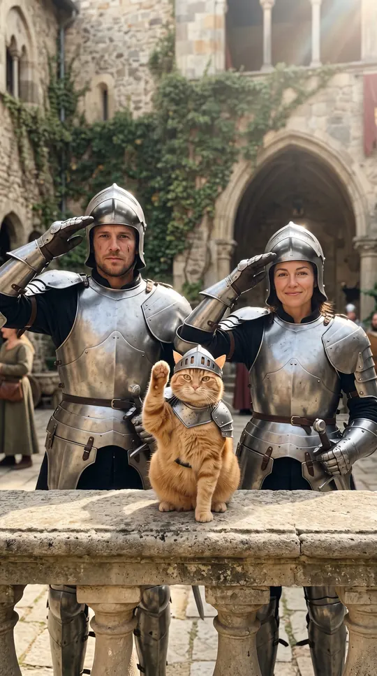 Two knights and their cat