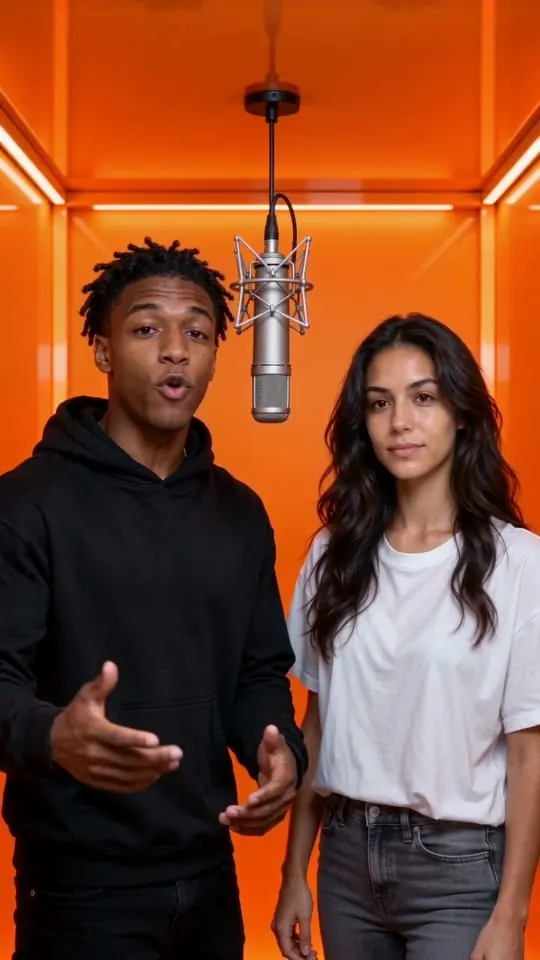 Orange Booth stage: a bright orange studio booth with a hanging microphone