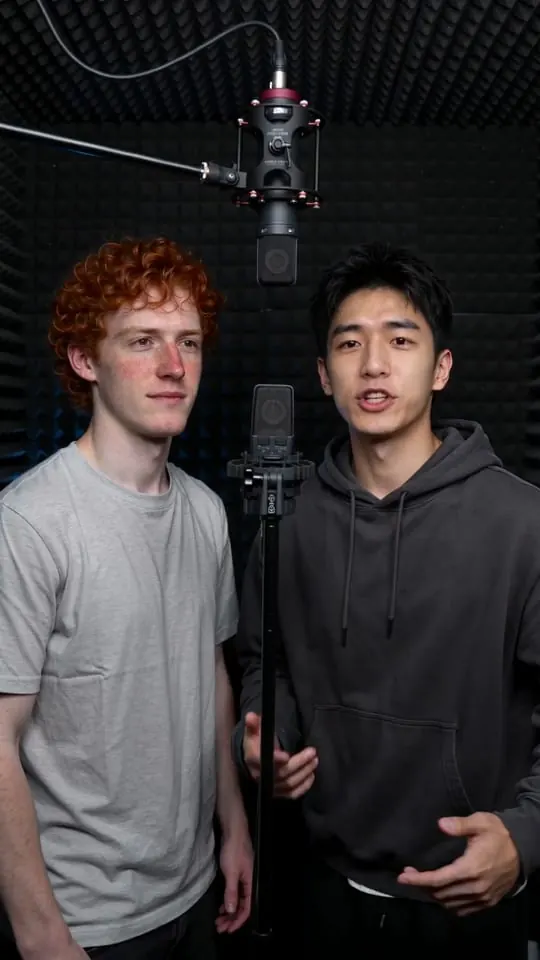 Studio Booth stage: a dark recording booth with acoustic foam and a studio microphone
