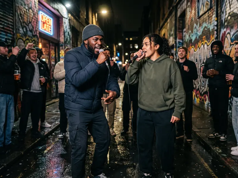 Street Cypher stage: a graffiti-lined street at night with a microphone